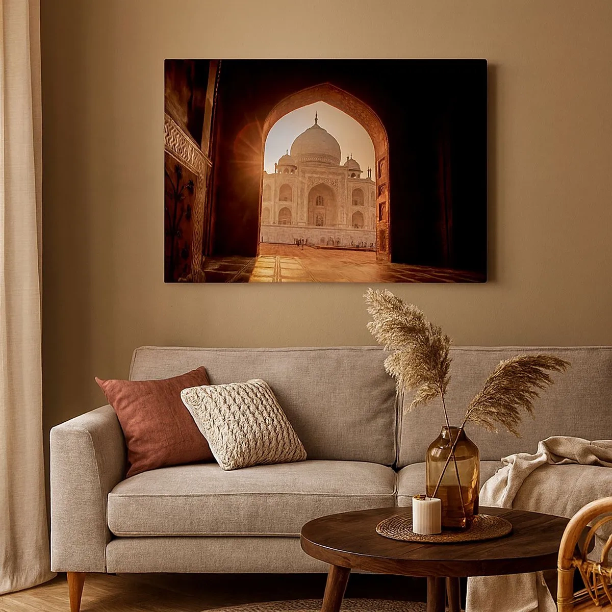 Quadro em tela - Taj Mahal sob a luz do sol visto do arco do portão - 70x50cm - Monumento ao amor sobrenatural - Decoração de parede moderna para a sala de estar e quarto ARTTOR