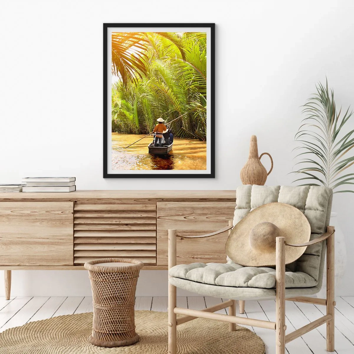 Pôster com moldura preta - Um barco tradicional em uma floresta tropical de palmeiras iluminada pelo sol - 50x70cm - Desfiladeiro das palmeiras - Decoração de parede moderna para a sala de estar e quarto ARTTOR