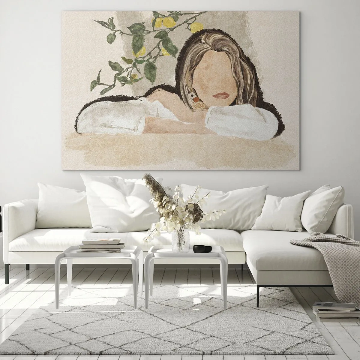 Quadro em vidro - Uma mulher encostada em uma mesa entre os galhos de um limoeiro, com o rosto inexpressivo. - 70x50cm - Beleza do sul - Decoração de parede moderna para a sala de estar e quarto ARTTOR