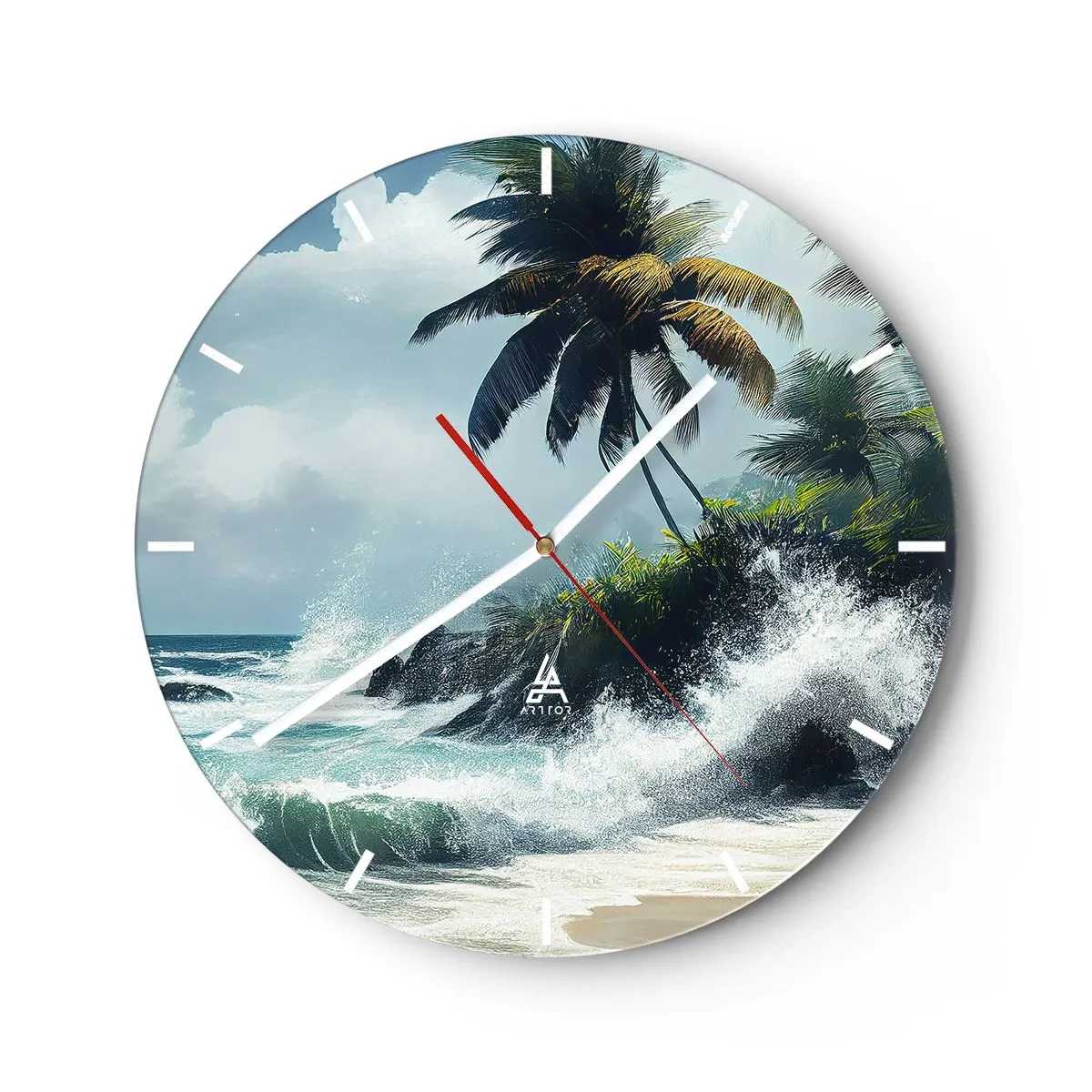 Relógio de parede - Relógio em vidro - Praia tropical com palmeiras e ondas quebrando no oceano - 30x30cm - Em uma costa tropical - Decoração de parede moderna para a sala de estar, cozinha e quarto ARTTOR