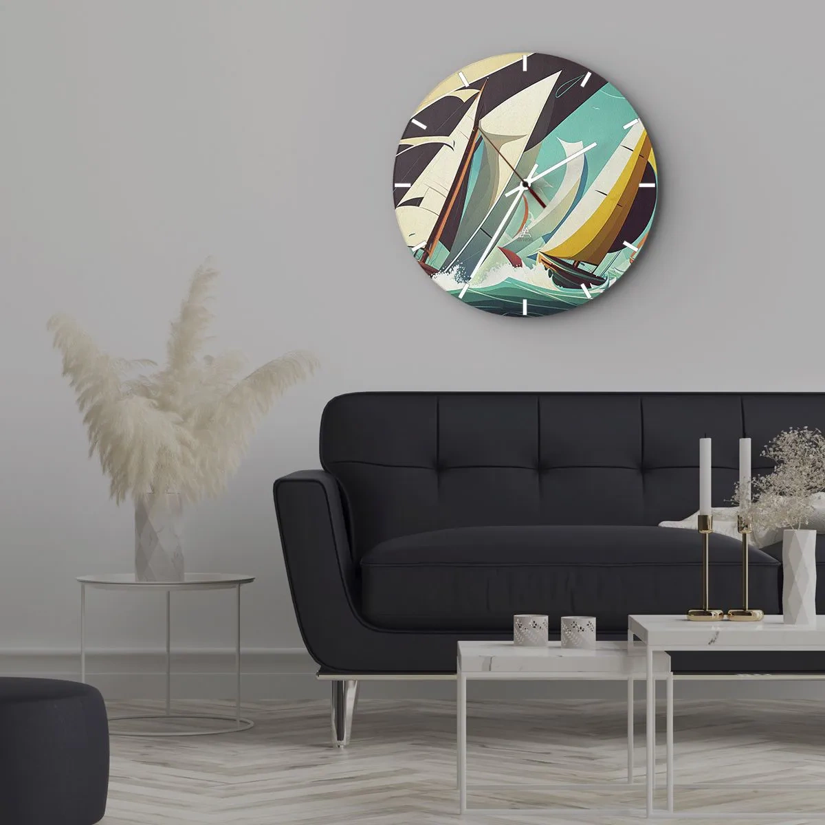 Relógio de parede - Relógio em vidro - Veleiros de estilo gráfico em um mar turquesa tempestuoso - 30x30cm - Boa sorte com os elementos - Decoração de parede moderna para a sala de estar, cozinha e quarto ARTTOR