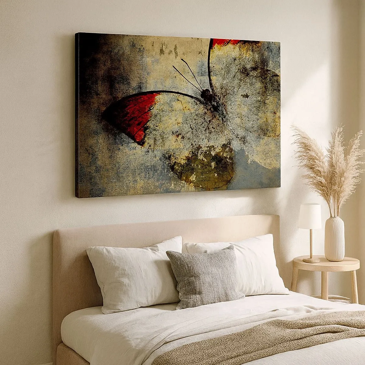 Quadro em tela - Uma borboleta em tons de vermelho e cinza em um fundo texturizado - 70x50cm - Olhe antes que desapareça - Decoração de parede moderna para a sala de estar e quarto ARTTOR