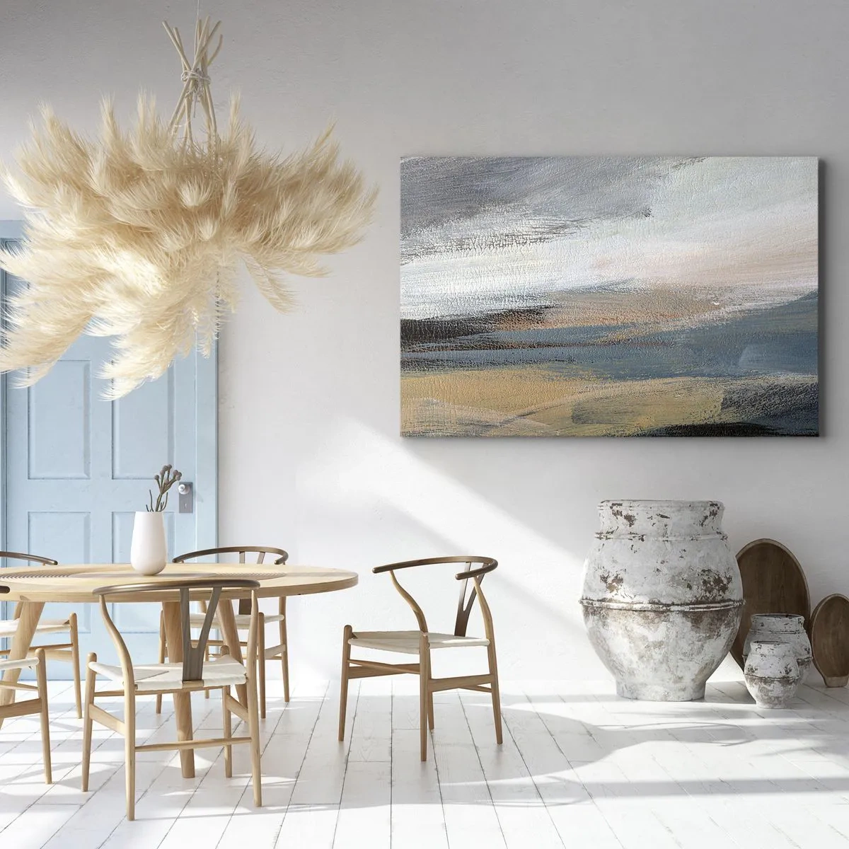 Quadro em tela - Paisagem abstrata em tons suaves de azul e bege - 70x50cm - Abstração: paisagem do norte - Decoração de parede moderna para a sala de estar e quarto ARTTOR