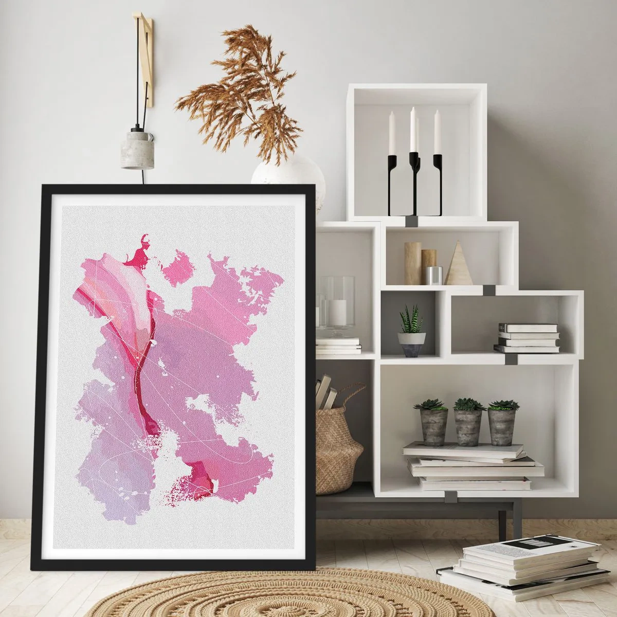 Pôster com moldura preta - Mapa abstrato em tons de rosa e roxo - 50x70cm - Mapa do mundo rosa - Decoração de parede moderna para a sala de estar e quarto ARTTOR