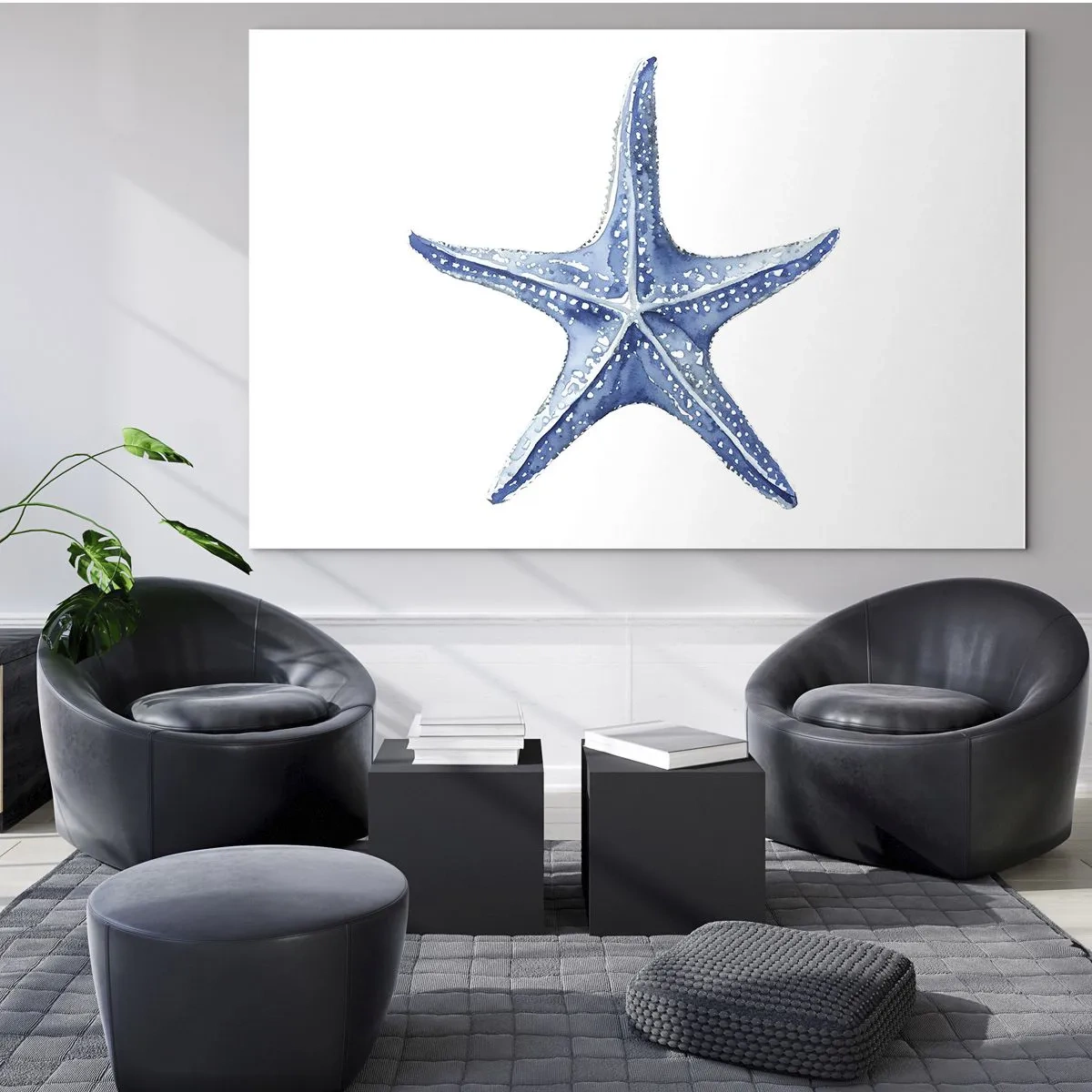 Quadro em vidro - Estrela do mar azul em um fundo branco em estilo aquarela - 70x50cm - Estrela do mar - Decoração de parede moderna para a sala de estar e quarto ARTTOR