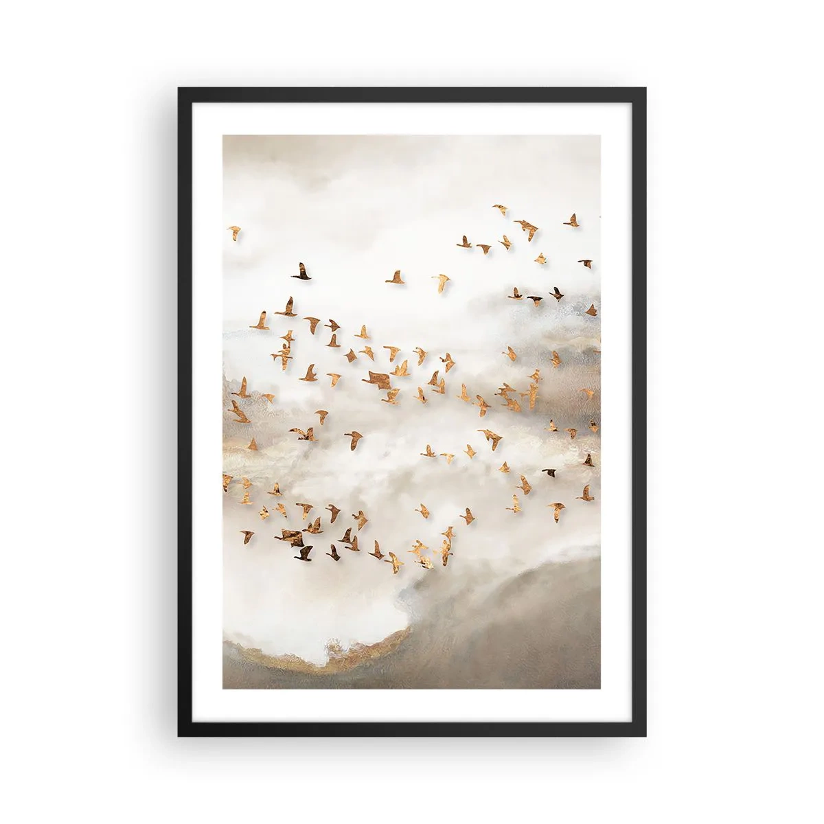 Pôster com moldura preta - Um bando de pássaros flutuando entre as nuvens enevoadas - 50x70cm - Está na hora… - Decoração de parede moderna para a sala de estar e quarto ARTTOR