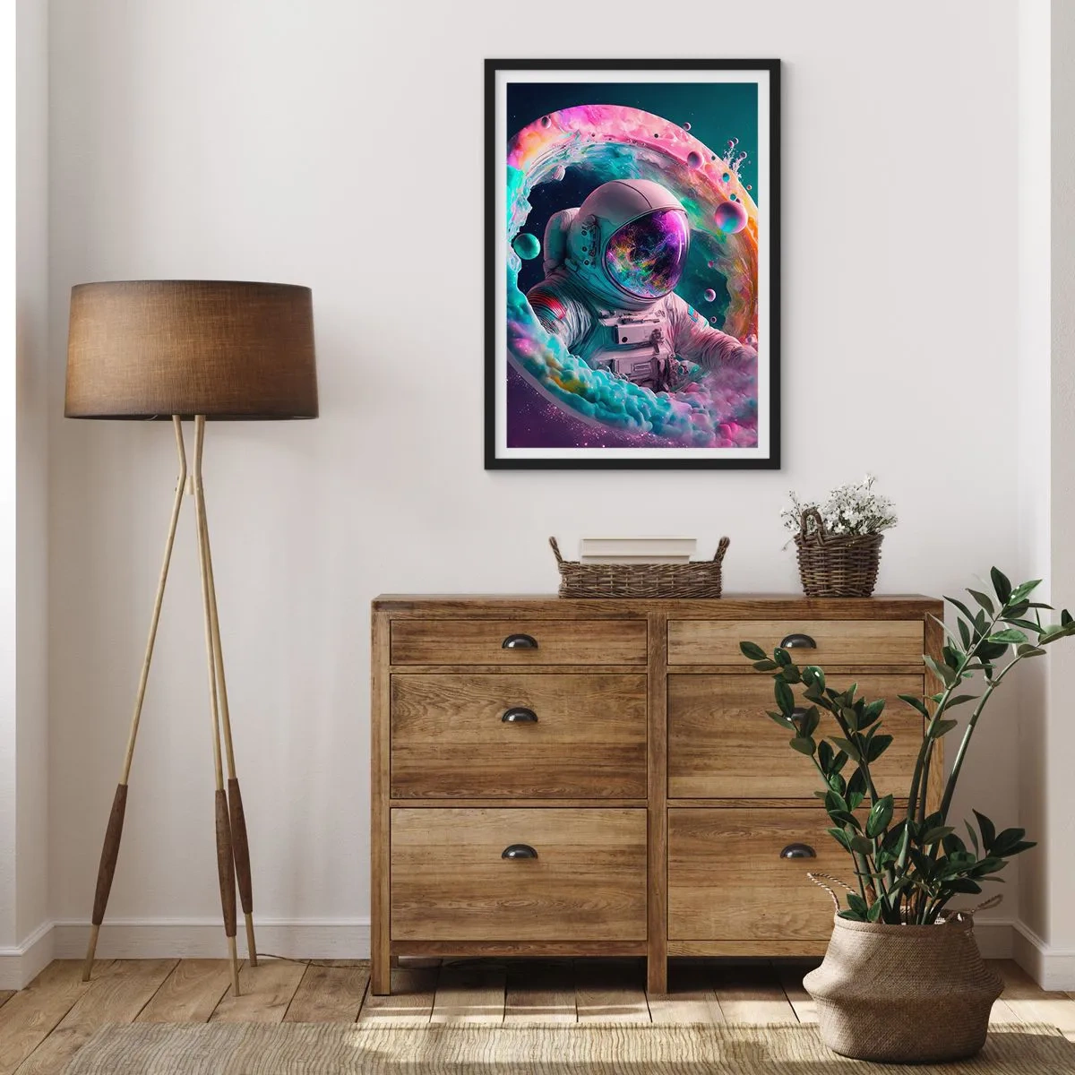 Pôster com moldura preta - Astronauta em um ambiente espacial cheio de nebulosas coloridas - 50x70cm - Portão estrela - Decoração de parede moderna para a sala de estar e quarto ARTTOR