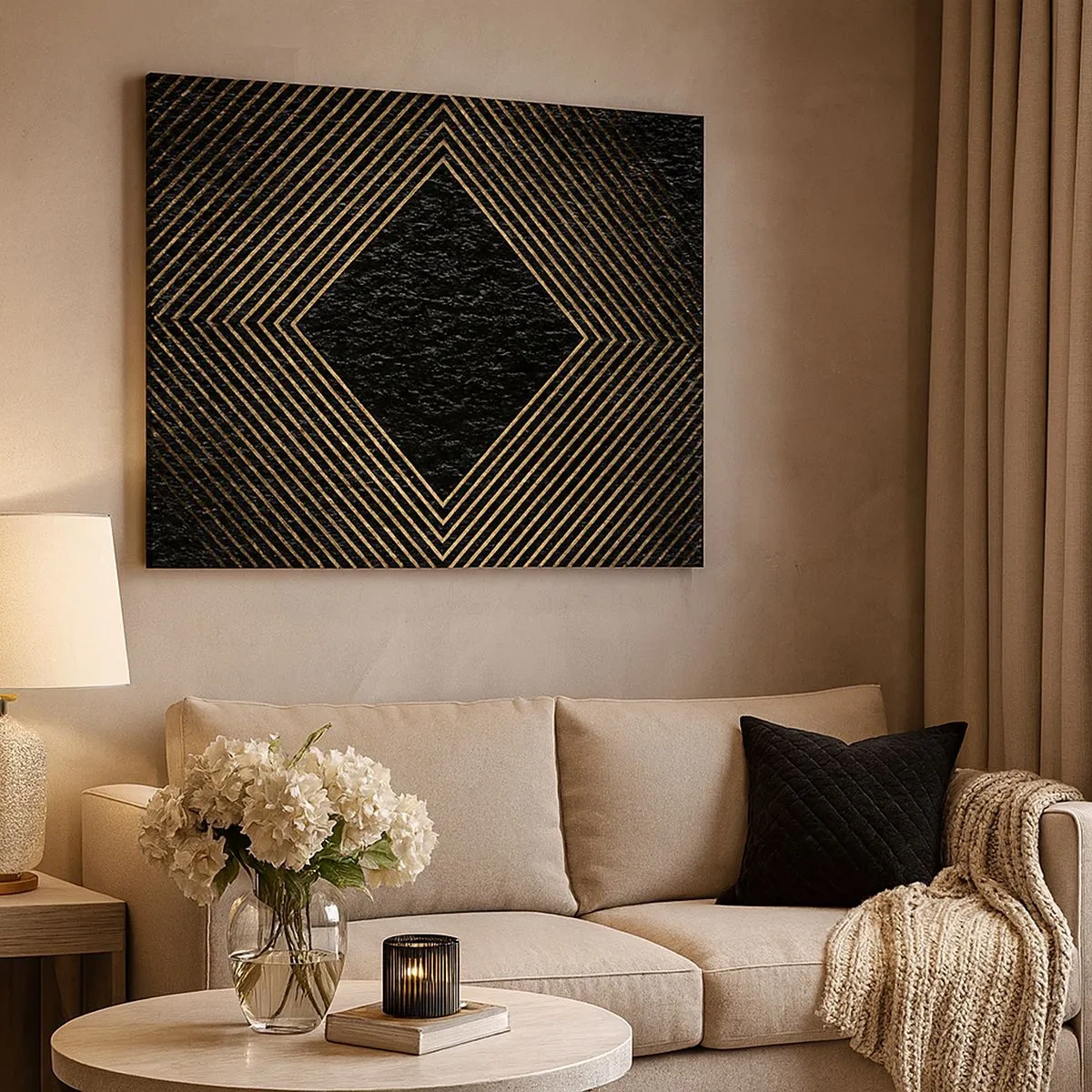 Quadro em tela - Fundo preto com um padrão geométrico de linhas douradas - 70x50cm - Geometria em estilo glamoroso - Decoração de parede moderna para a sala de estar e quarto ARTTOR