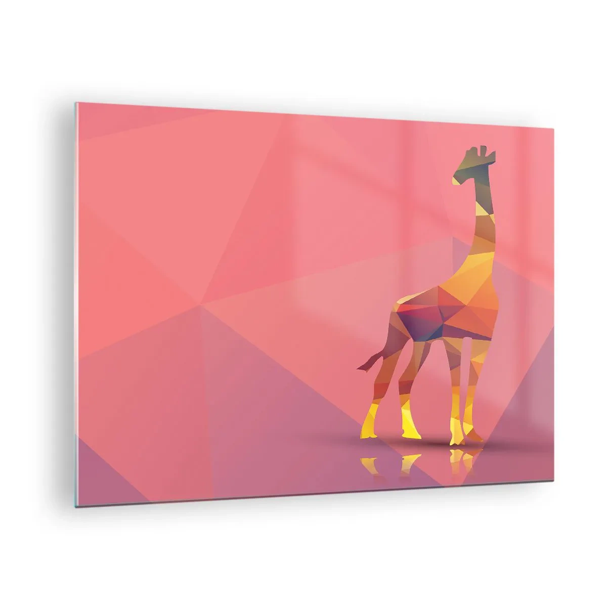 Quadro em vidro - Girafa geométrica em fundo pastel - 70x50cm - Nas cores da savana - Decoração de parede moderna para a sala de estar e quarto ARTTOR