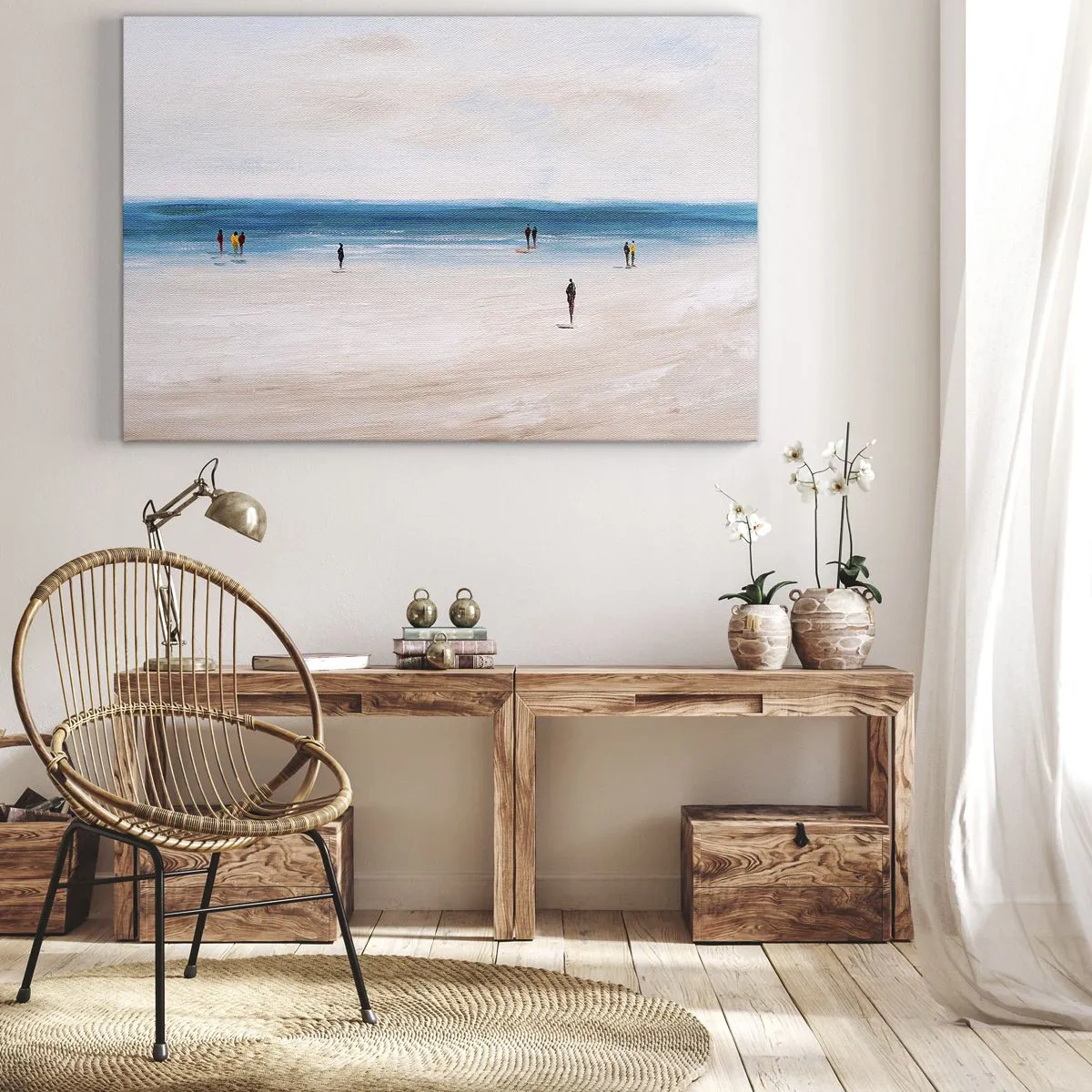 Quadro em tela - Uma praia com pessoas tendo como pano de fundo um mar calmo - 70x50cm - Uma necessidade natural - Decoração de parede moderna para a sala de estar e quarto ARTTOR
