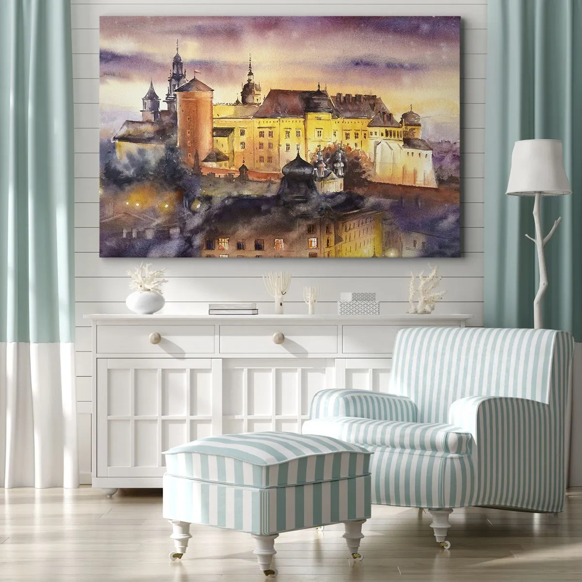 Quadro em tela - Uma pitoresca pintura em aquarela de um castelo ao pôr do sol - 70x50cm - História e conto de fadas - Decoração de parede moderna para a sala de estar e quarto ARTTOR