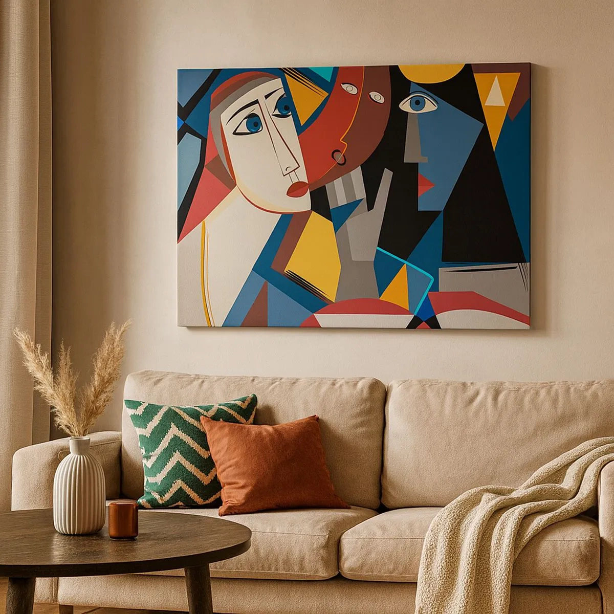 Quadro em tela - Rostos cubistas em cores intensas - 70x50cm - Uma conversa entre cubistas - Decoração de parede moderna para a sala de estar e quarto ARTTOR