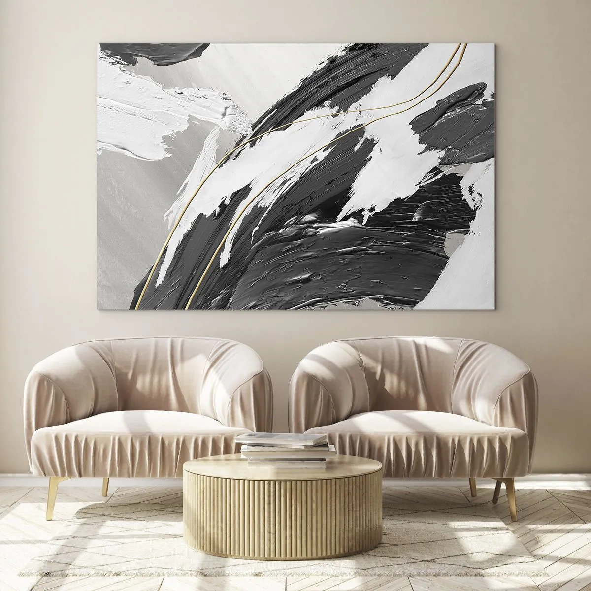 Quadro em vidro - Traços dinâmicos de preto e branco com detalhes dourados - 70x50cm - Abstração em grande escala - Decoração de parede moderna para a sala de estar e quarto ARTTOR