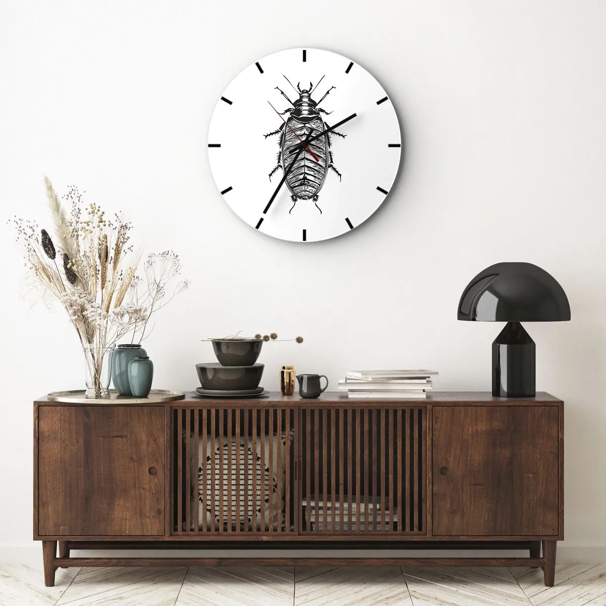 Relógio de parede - Relógio em vidro - Um gráfico de um inseto no estilo de uma gravura em um fundo branco - 30x30cm - Que exemplo! - Decoração de parede moderna para a sala de estar, cozinha e quarto ARTTOR