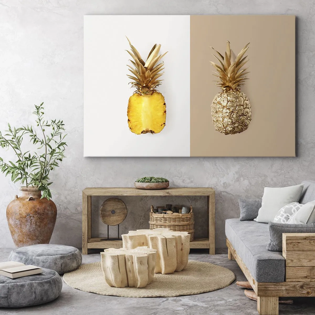 Quadro em tela - Metade de um abacaxi fresco e dourado em um fundo contrastante - 70x50cm - Ananás para nós - Decoração de parede moderna para a sala de estar e quarto ARTTOR