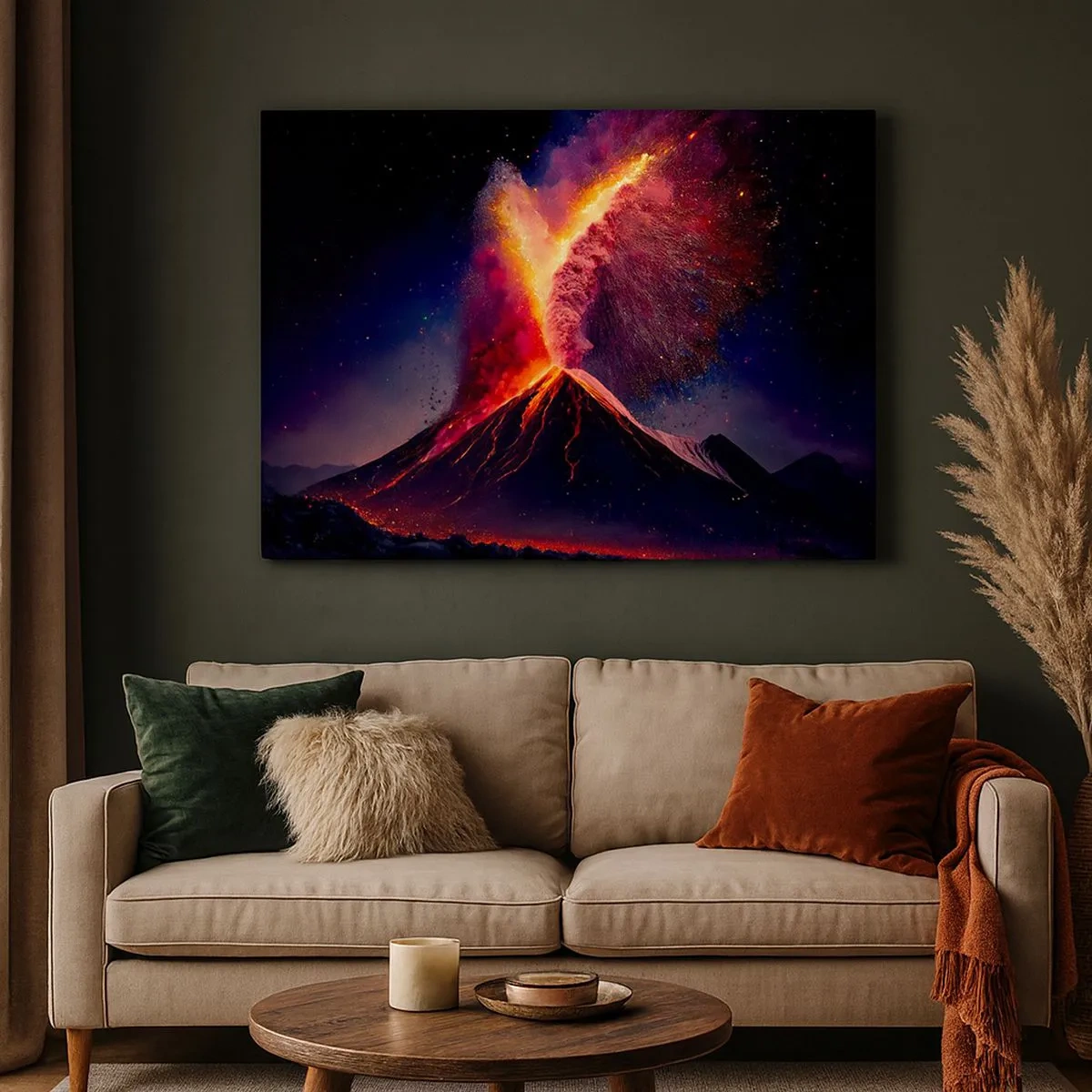 Quadro em tela - Uma erupção vulcânica única à noite com cores dinâmicas. - 70x50cm - Beleza e terror - Decoração de parede moderna para a sala de estar e quarto ARTTOR