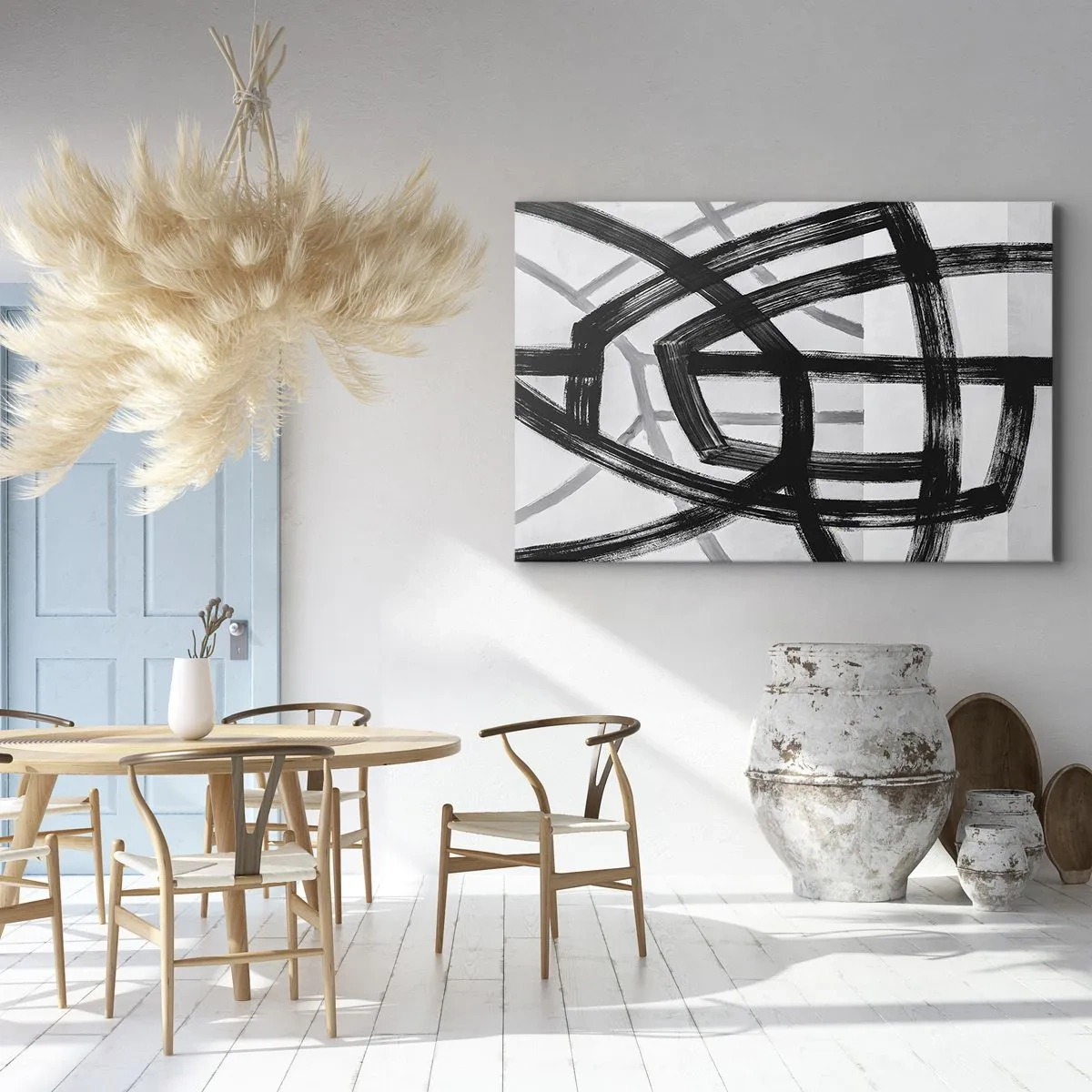 Quadro em tela - Linhas abstratas em preto e branco se cruzando em um fundo claro - 70x50cm - Profundidade de construção - Decoração de parede moderna para a sala de estar e quarto ARTTOR
