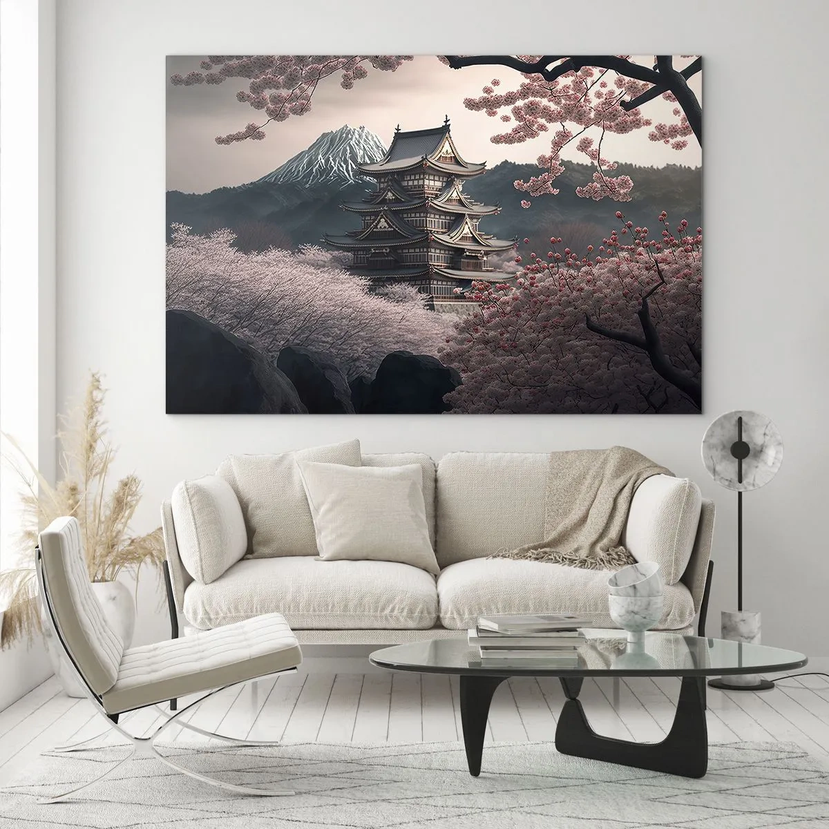 Quadro em vidro - Um pagode tradicional japonês em meio a flores de cerejeira e montanhas - 70x50cm - A terra da flor de cerejeira - Decoração de parede moderna para a sala de estar e quarto ARTTOR