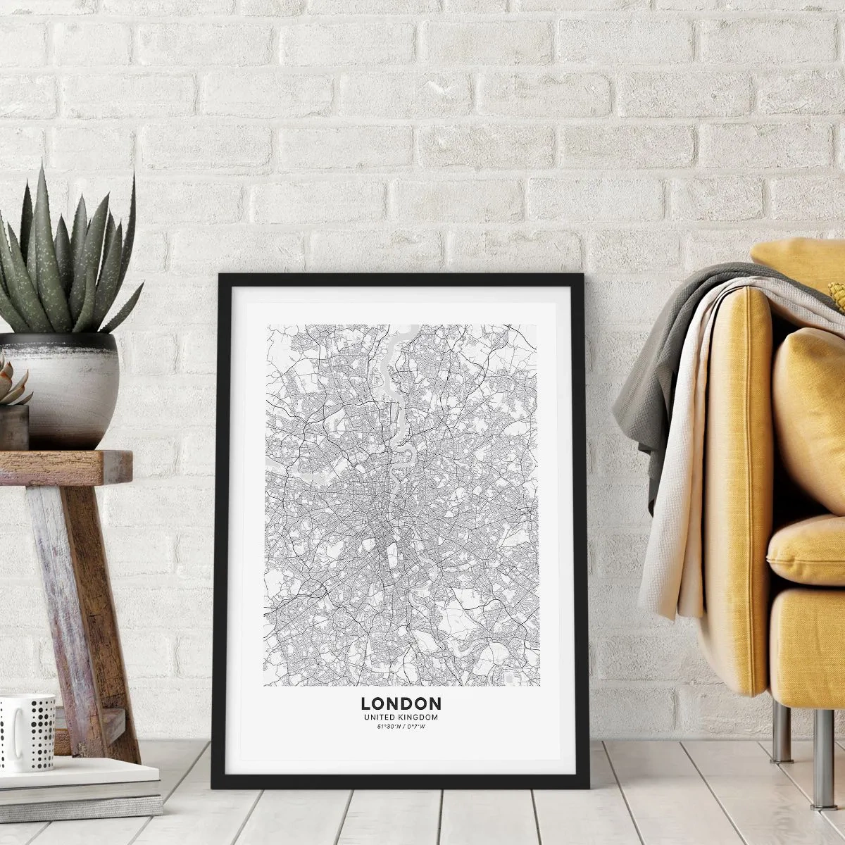 Pôster com moldura preta - Mapa preto e branco de Londres com detalhes precisos das ruas - 50x70cm - Mapa do labirinto de Londres - Decoração de parede moderna para a sala de estar e quarto ARTTOR