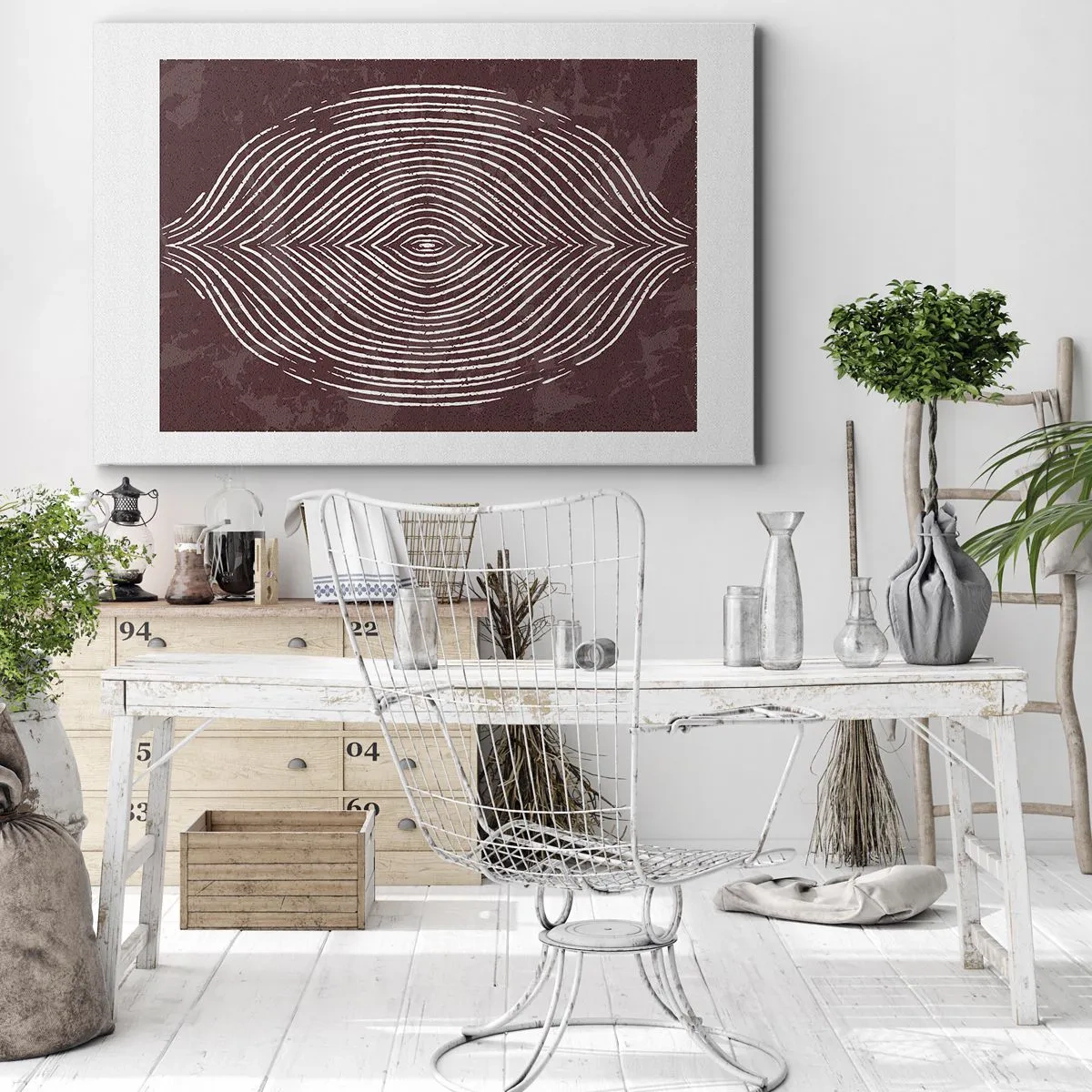 Quadro em tela - Ondas simétricas em linhas brancas sobre fundo marrom - 70x50cm - O espaço fala - Decoração de parede moderna para a sala de estar e quarto ARTTOR