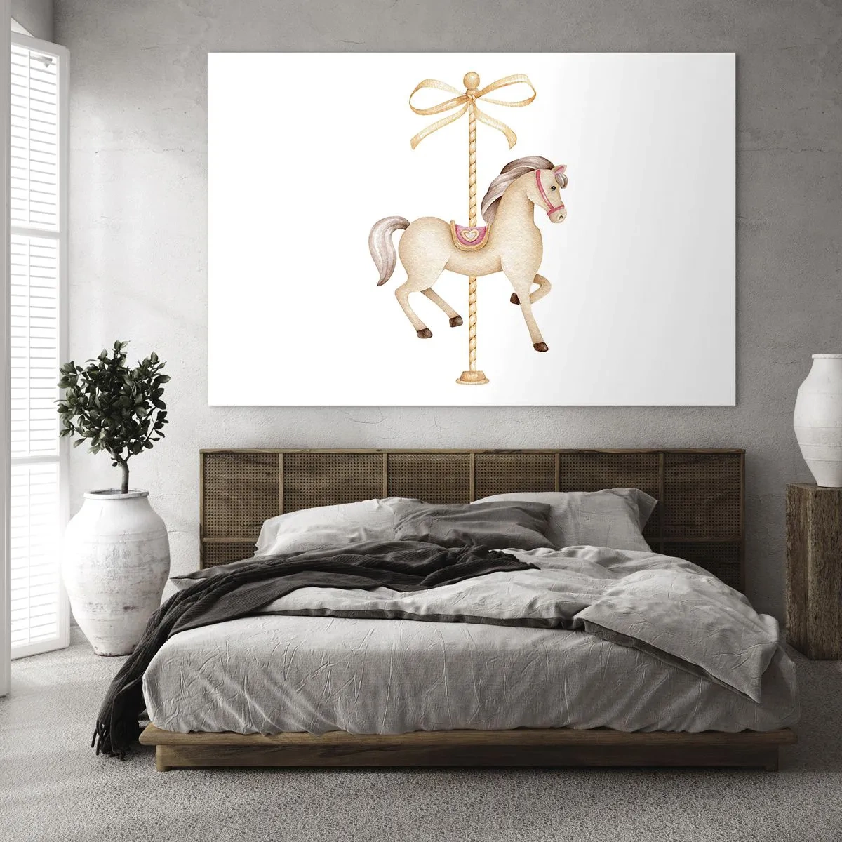Quadro em vidro - Cavalo de carrossel bege com um laço em um fundo branco - 70x50cm - Um trote gracioso - Decoração de parede moderna para a sala de estar e quarto ARTTOR