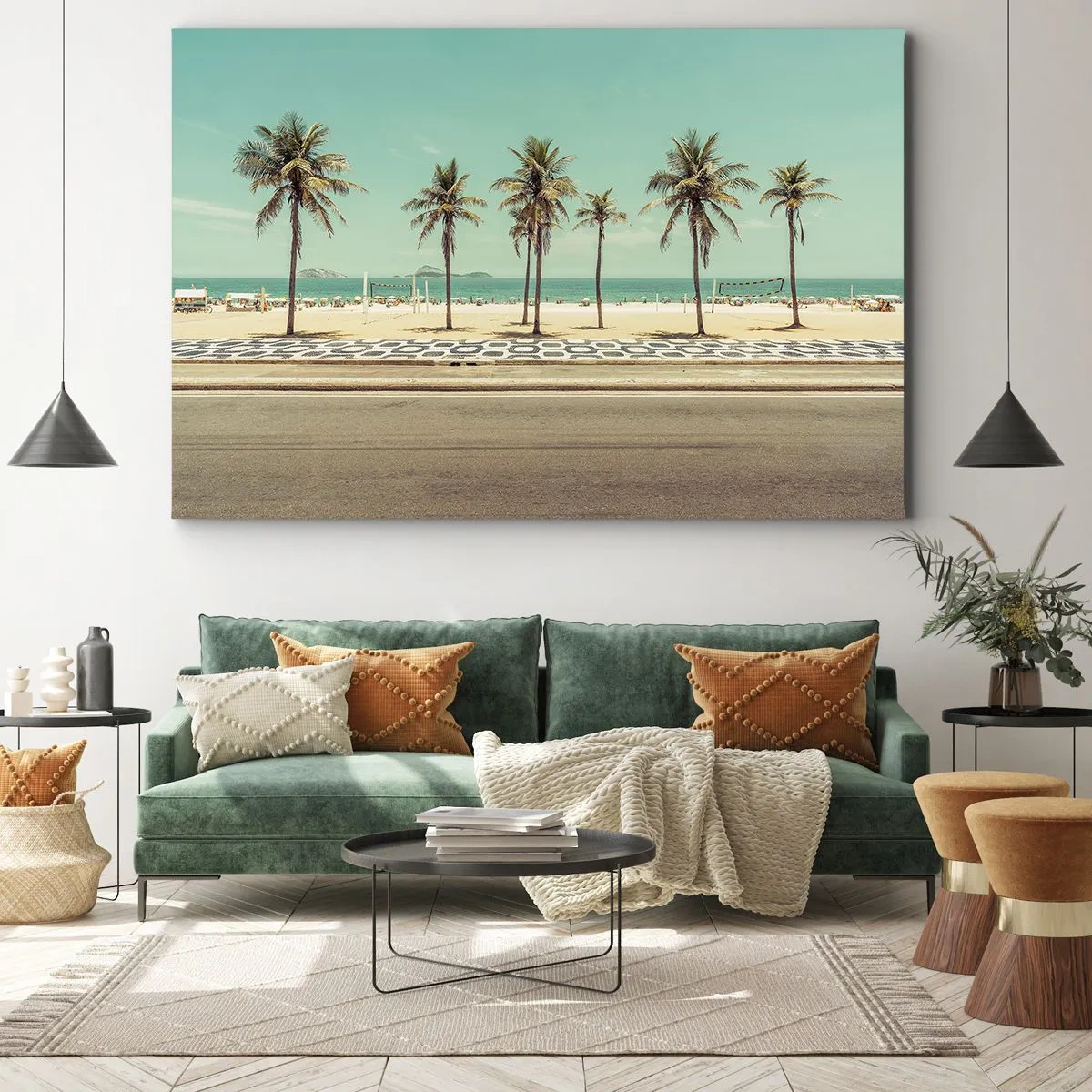 Quadro em tela - Palmeiras na praia com vista para o mar e o céu azul - 70x50cm - Em guarda da praia - Decoração de parede moderna para a sala de estar e quarto ARTTOR