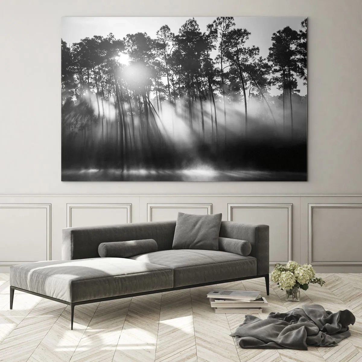 Quadro em vidro - Árvores pretas e brancas em uma floresta com raios de sol na névoa - 70x50cm - O sol imparável - Decoração de parede moderna para a sala de estar e quarto ARTTOR