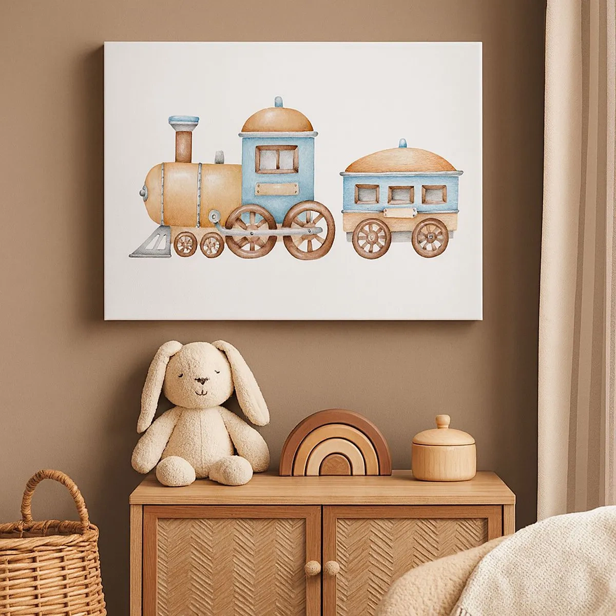 Quadro em tela - Desenho de um trem em tons pastéis sobre fundo branco - 70x50cm - Parado na estação... - Decoração de parede moderna para a sala de estar e quarto ARTTOR