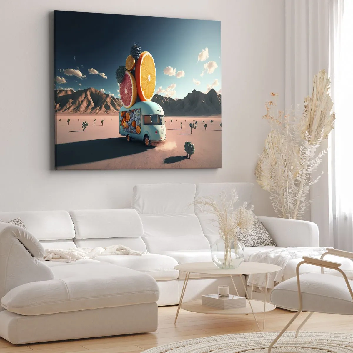 Quadro em tela - Caminhão de frutas em uma paisagem desértica - 70x50cm - O sabor das férias - Decoração de parede moderna para a sala de estar e quarto ARTTOR