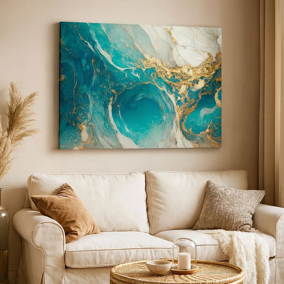 Quadro em tela - Uma composição abstrata em tons de turquesa e dourado. - 70x50cm - Composição com veios d'ouro - Decoração de parede moderna para a sala de estar e quarto ARTTOR