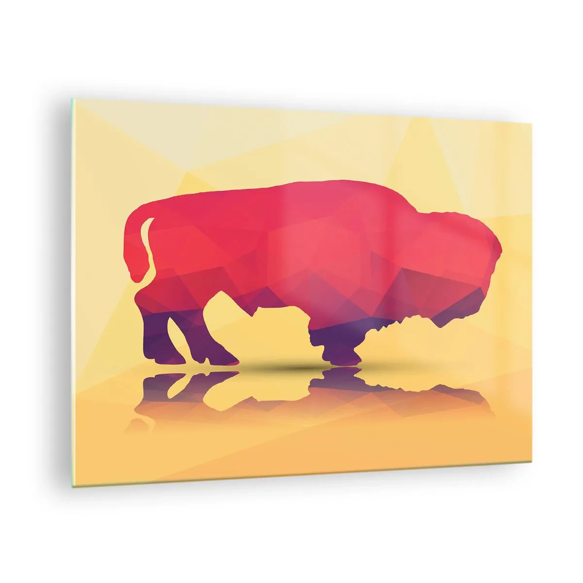 Quadro em vidro - Bisão geométrico em cores quentes - 70x50cm - A força amaranto do bisonte - Decoração de parede moderna para a sala de estar e quarto ARTTOR
