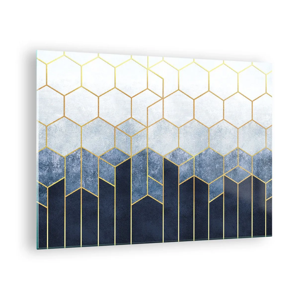 Quadro em vidro - Padrão geométrico nas cores dourado e azul marinho - 70x50cm - Composição em ritmo sincopado - Decoração de parede moderna para a sala de estar e quarto ARTTOR