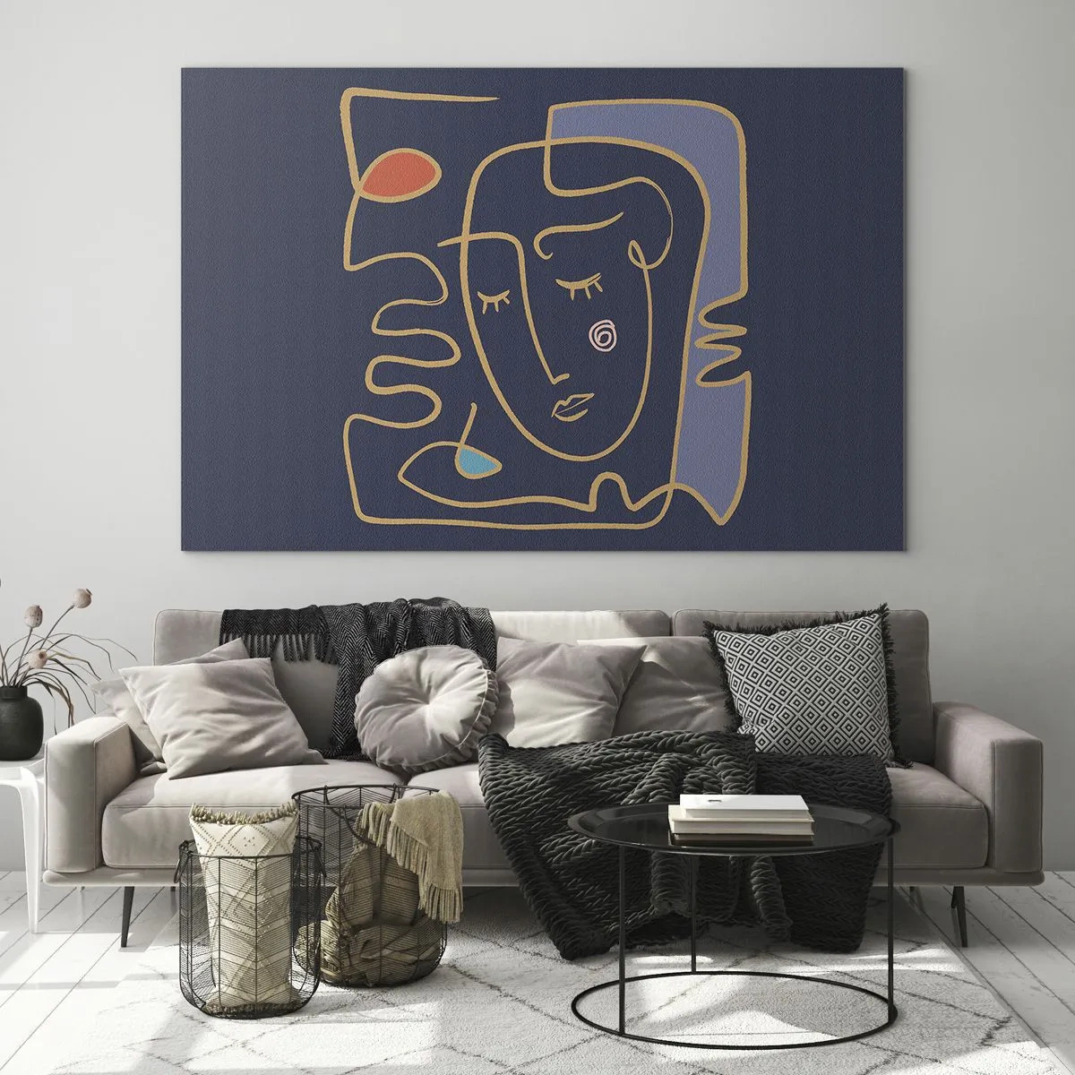 Quadro em vidro - Rosto abstrato em contorno sobre fundo azul marinho - 70x50cm - Nos pensamentos - Decoração de parede moderna para a sala de estar e quarto ARTTOR