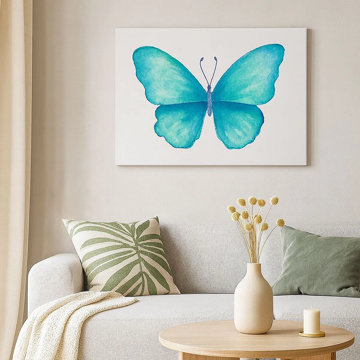Quadro em tela - Borboleta azul em estilo aquarela sobre fundo branco - 70x50cm - Turquesa por natureza - Decoração de parede moderna para a sala de estar e quarto ARTTOR