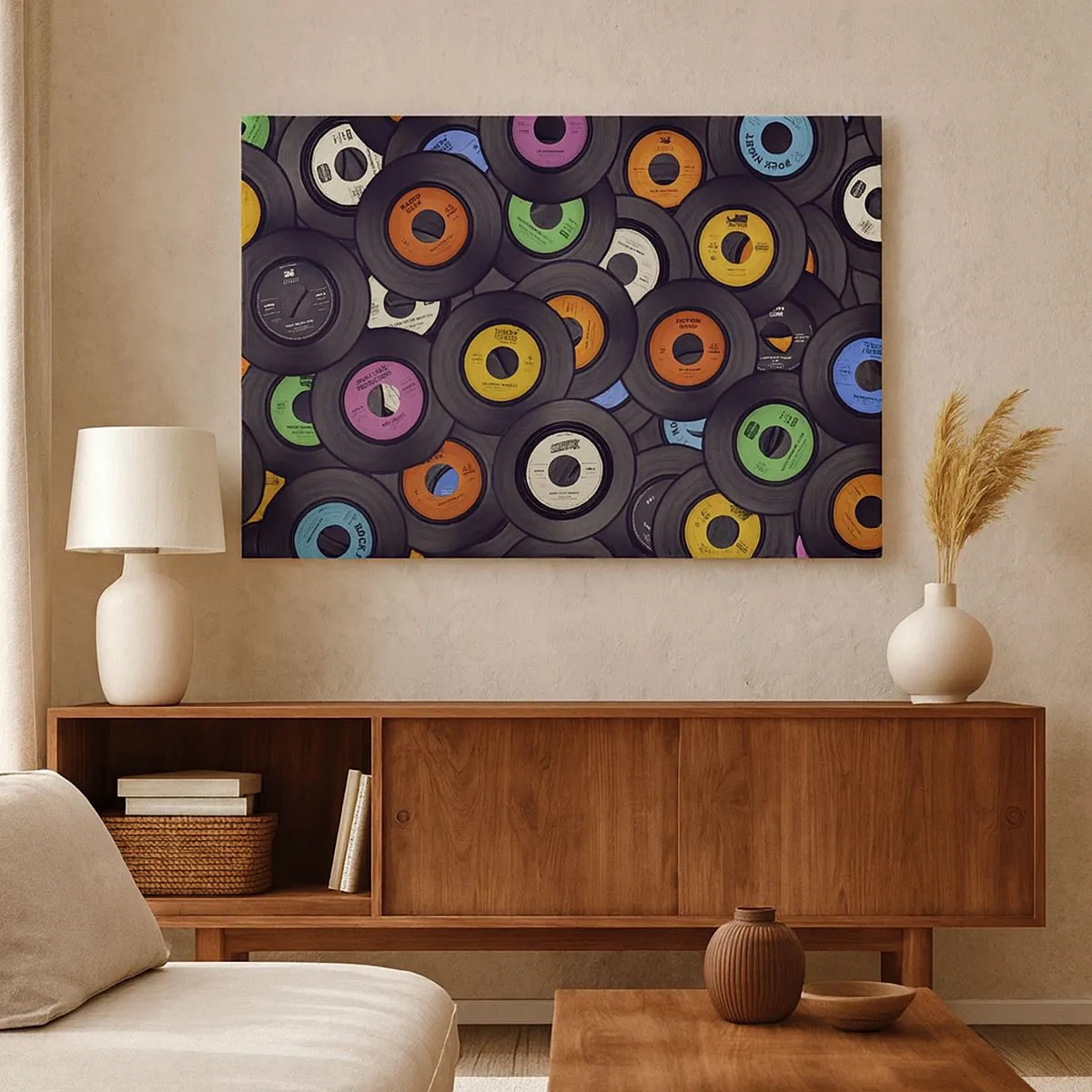 Quadro em tela - Vinis coloridos empilhados uns sobre os outros - 70x50cm - Cores dos clássicos - Decoração de parede moderna para a sala de estar e quarto ARTTOR
