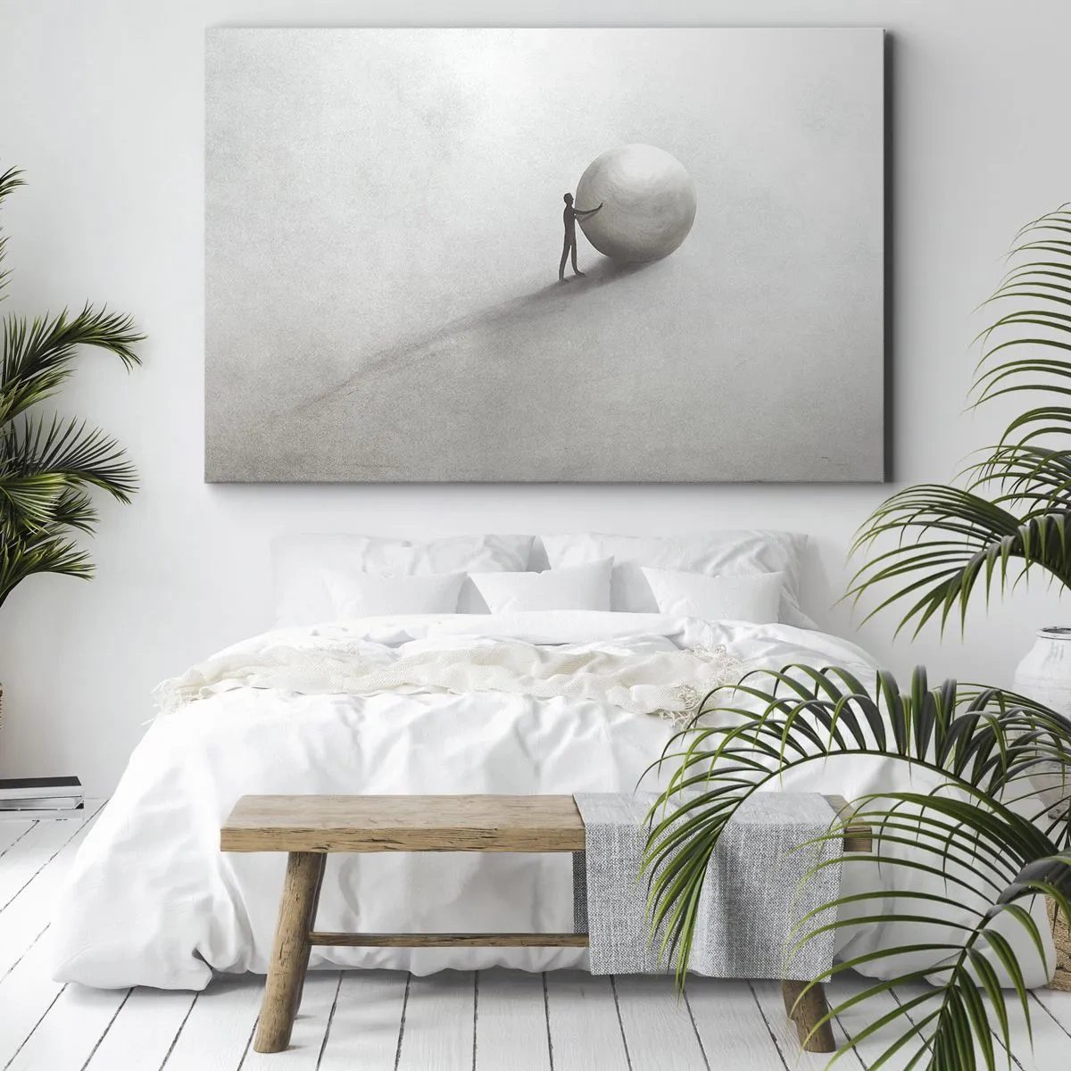Quadro em tela - Uma figura minimalista com uma bola sobre um fundo claro e monocromático. - 70x50cm - O Jogo da Vida - Decoração de parede moderna para a sala de estar e quarto ARTTOR