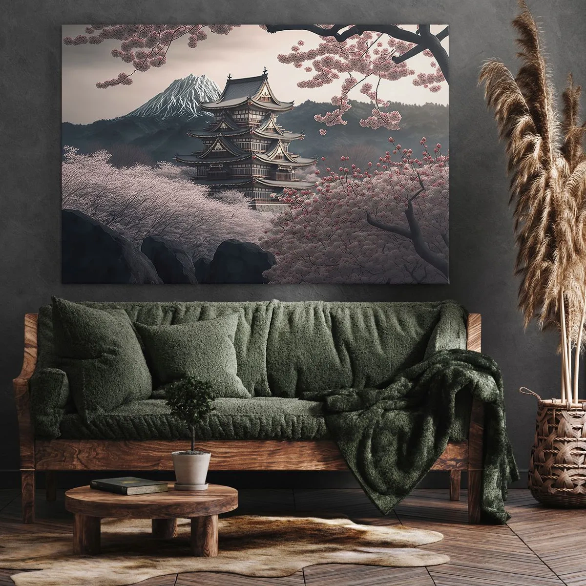 Quadro em tela - Um templo japonês cercado por flores de cerejeira e montanhas - 70x50cm - A terra da flor de cerejeira - Decoração de parede moderna para a sala de estar e quarto ARTTOR