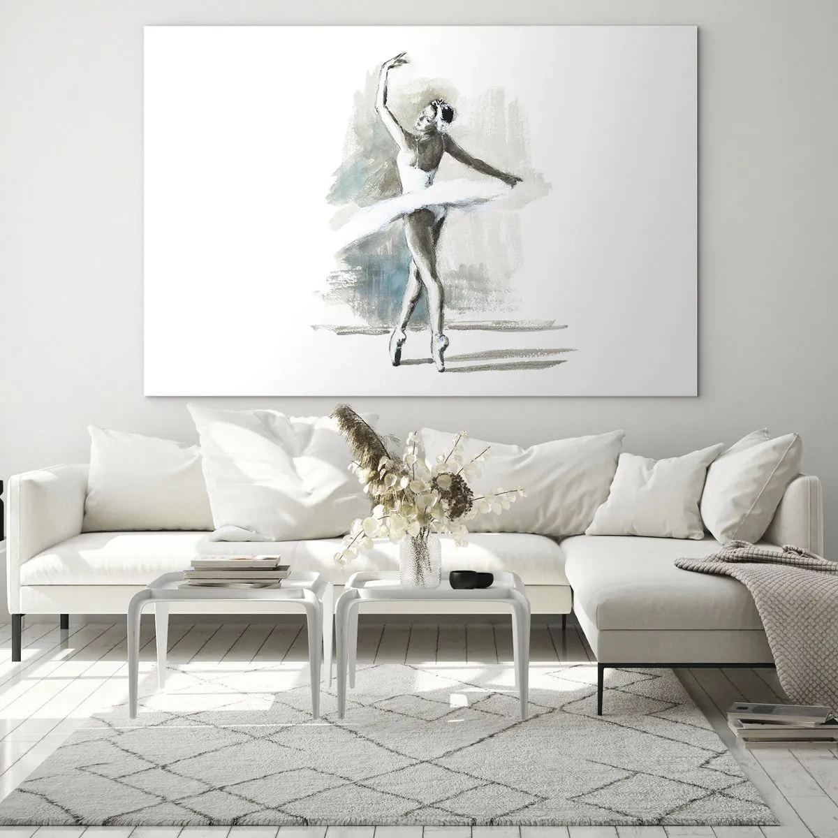 Quadro em vidro - Uma bailarina em uma pose de dança clássica - 70x50cm - Encantada num cisne - Decoração de parede moderna para a sala de estar e quarto ARTTOR