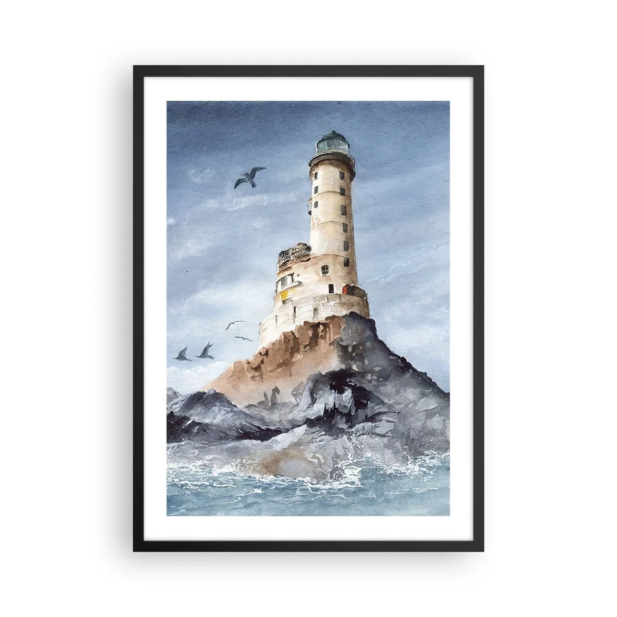 Pôster com moldura preta - Uma pintura em aquarela de um farol em uma costa rochosa - 50x70cm - Invencível - Decoração de parede moderna para a sala de estar e quarto ARTTOR