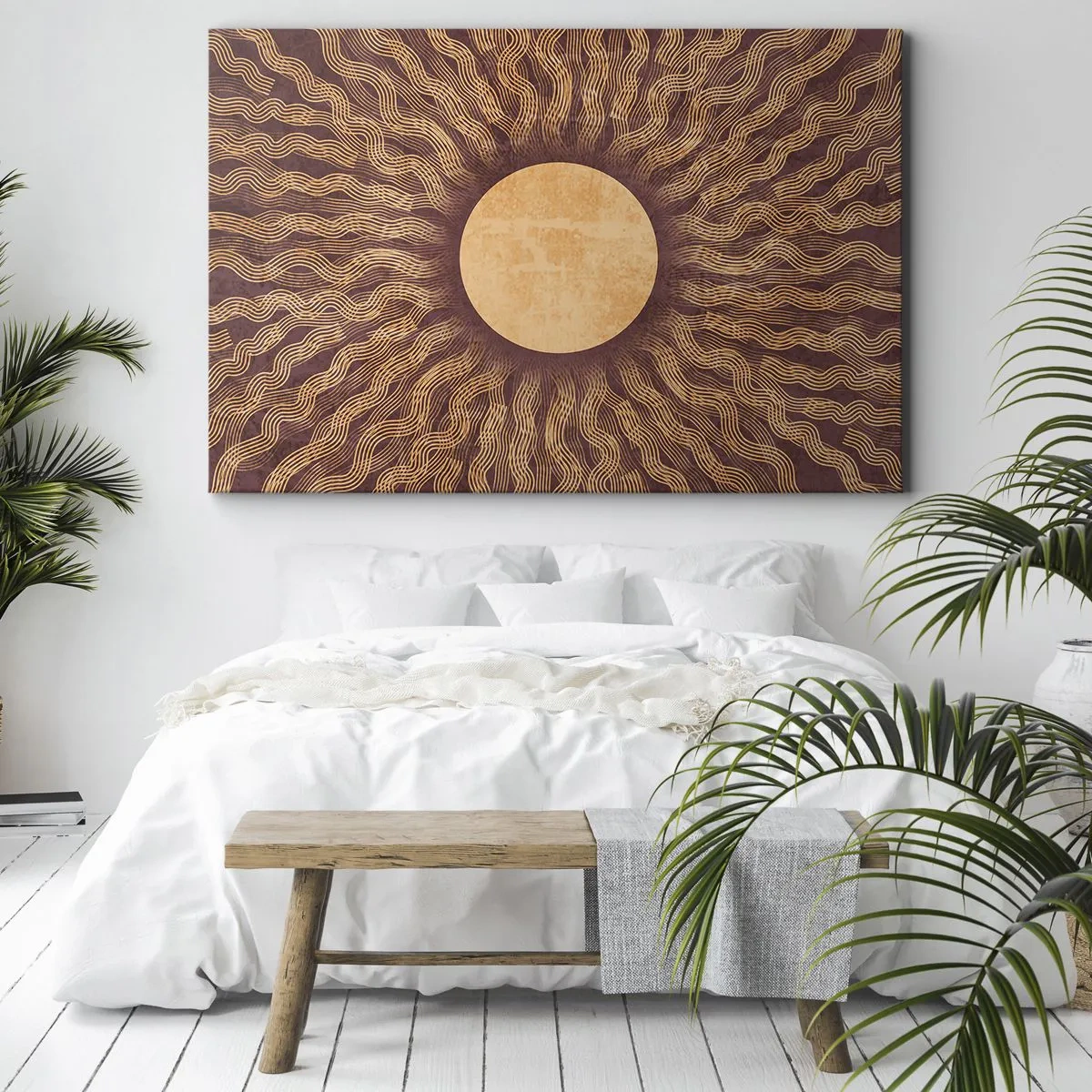 Quadro em tela - Padrão ensolarado com raios sobre um fundo em tons de marrom - 70x50cm - Ícone do sol - Decoração de parede moderna para a sala de estar e quarto ARTTOR