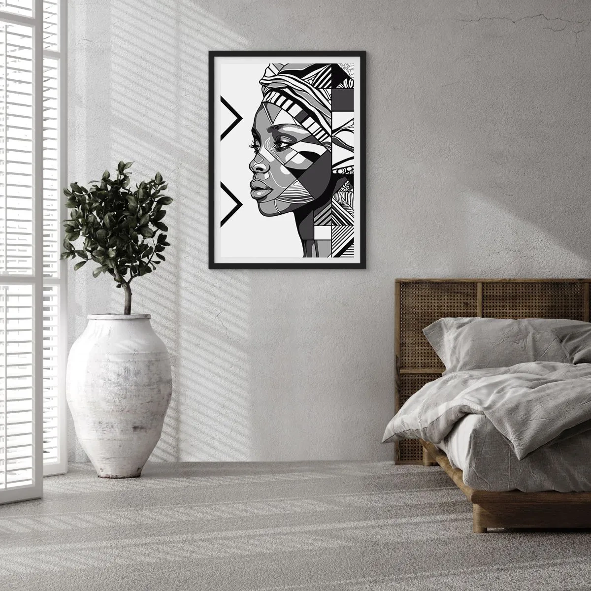 Pôster com moldura preta - Retrato geométrico de uma mulher em preto e branco - 50x70cm - Retrato étnico - Decoração de parede moderna para a sala de estar e quarto ARTTOR