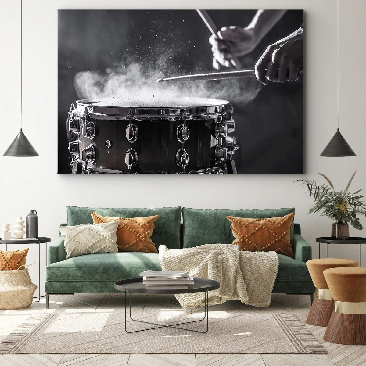 Quadro em tela - Batendo na caixa com baquetas com efeito de poeira - 70x50cm - Pulso da música - Decoração de parede moderna para a sala de estar e quarto ARTTOR