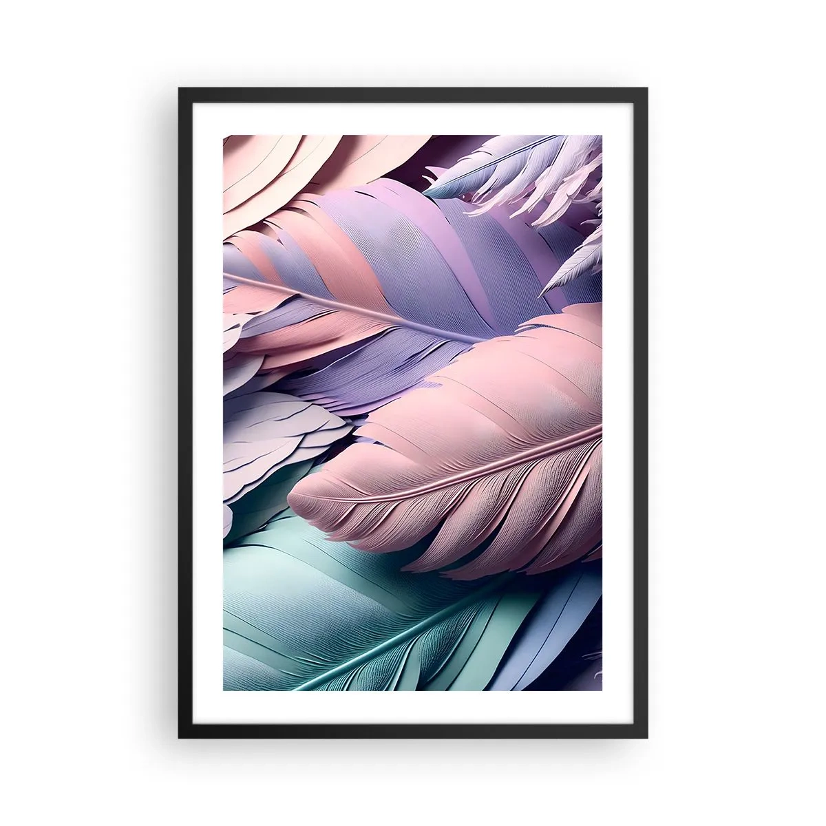 Pôster com moldura preta - Penas pastéis em tons delicados - 50x70cm - Pássaro chique - Decoração de parede moderna para a sala de estar e quarto ARTTOR