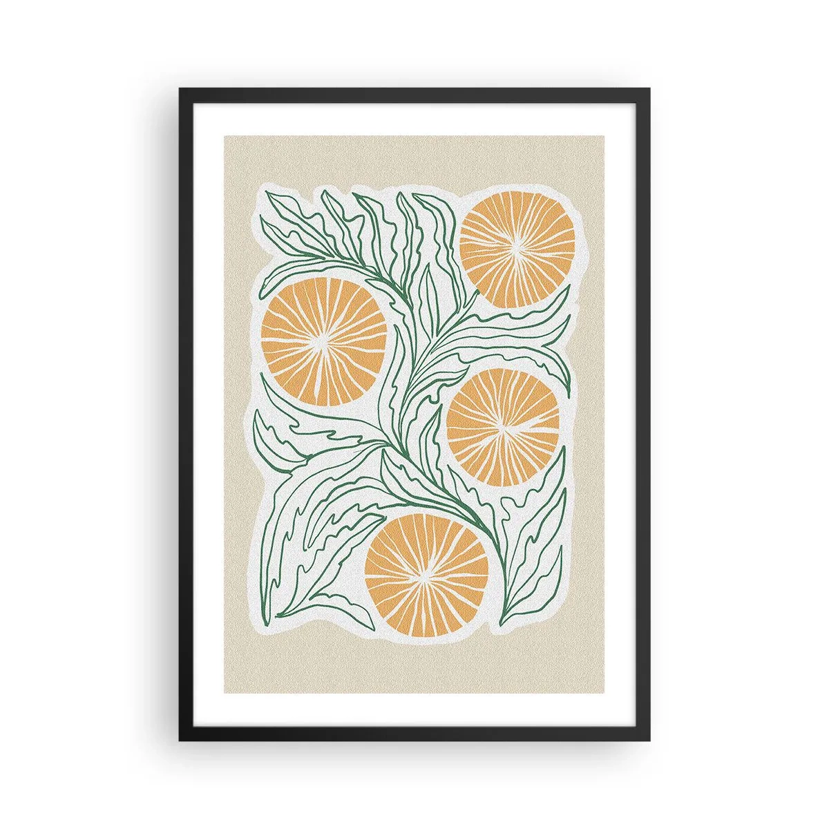Pôster com moldura preta - Composição abstrata de folhas e laranjas em um fundo bege - 50x70cm - Étnico com um toque de abstração - Decoração de parede moderna para a sala de estar e quarto ARTTOR