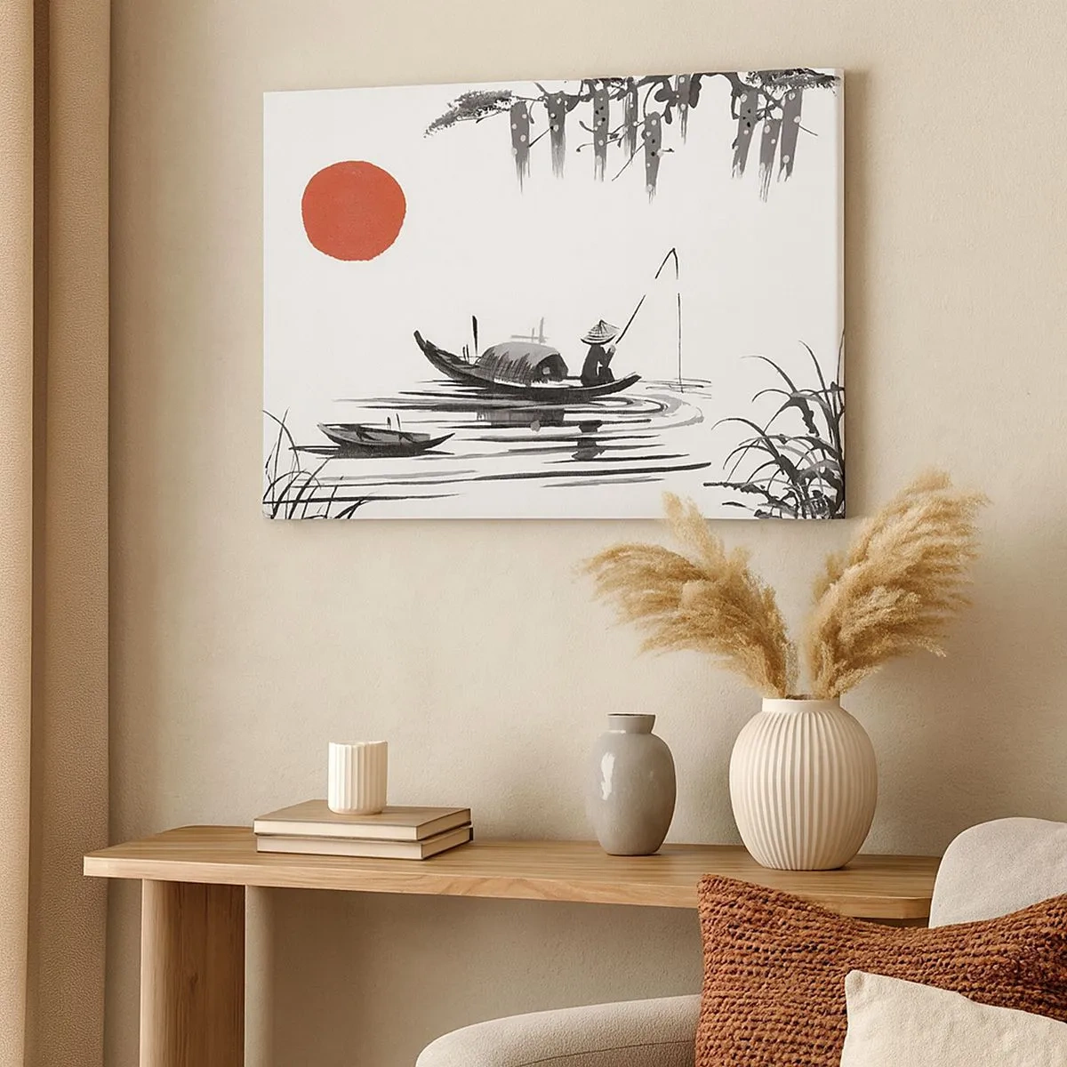 Quadro em tela - Paisagem oriental com um pescador em um barco e um sol vermelho - 70x50cm - Tarde asiática - Decoração de parede moderna para a sala de estar e quarto ARTTOR