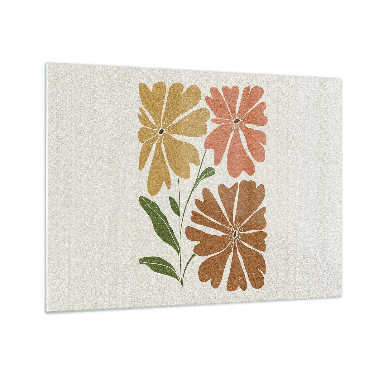 Quadro em vidro - Três flores estilizadas em cores quentes sobre fundo claro - 70x50cm - Natureza e geometria - Decoração de parede moderna para a sala de estar e quarto ARTTOR