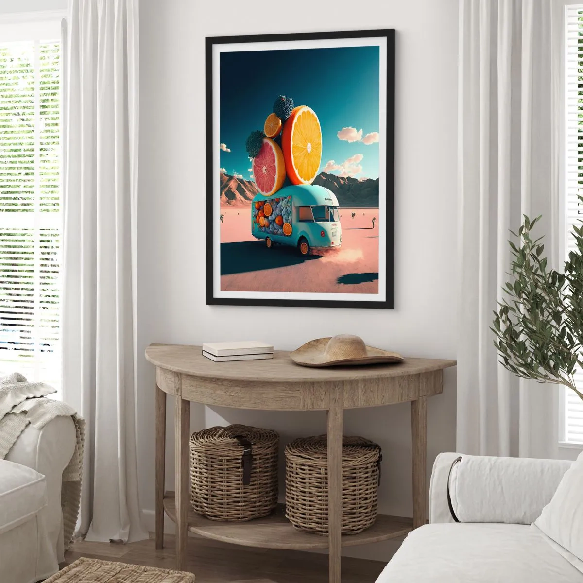 Pôster com moldura preta - Caminhão de frutas chique no deserto - 50x70cm - O sabor das férias - Decoração de parede moderna para a sala de estar e quarto ARTTOR