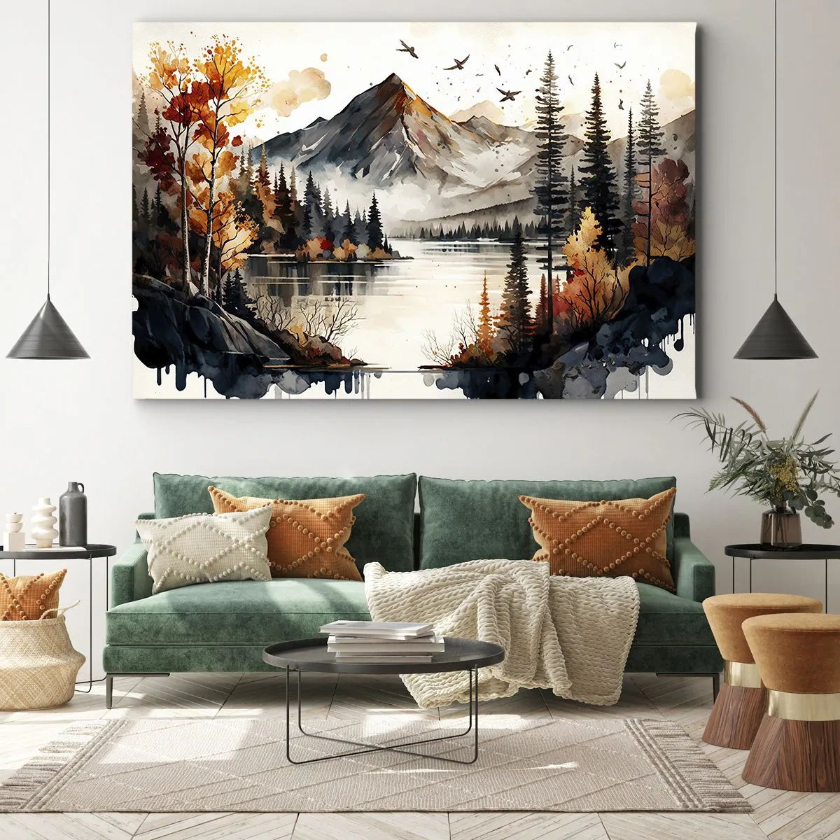 Quadro em tela - Paisagem de montanha de outono com um lago e árvores em aquarela - 70x50cm - Outono dourado nas montanhas - Decoração de parede moderna para a sala de estar e quarto ARTTOR