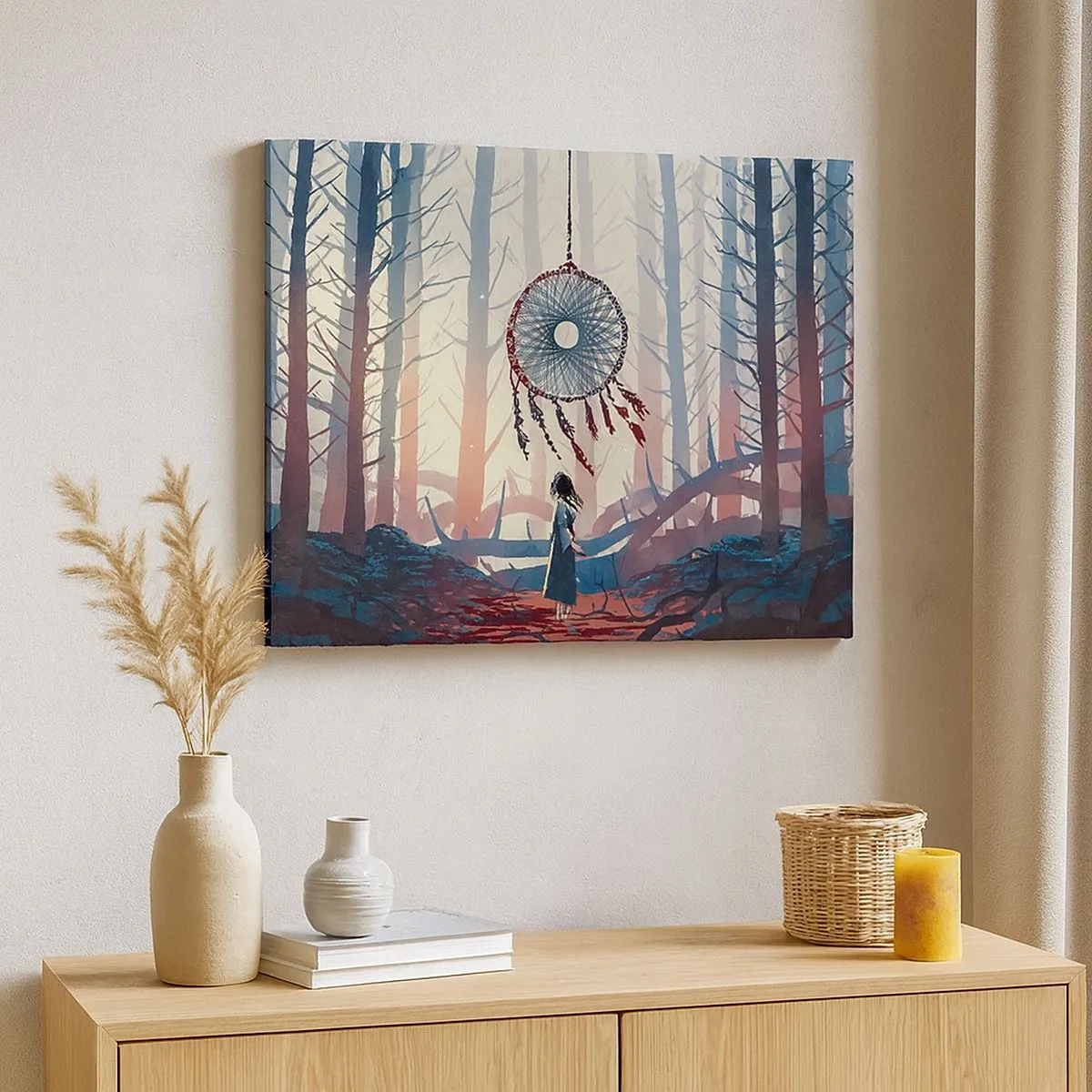 Quadro em tela - Cena de floresta com um apanhador de sonhos gigante - 70x50cm - O ritual secreto da felicidade - Decoração de parede moderna para a sala de estar e quarto ARTTOR