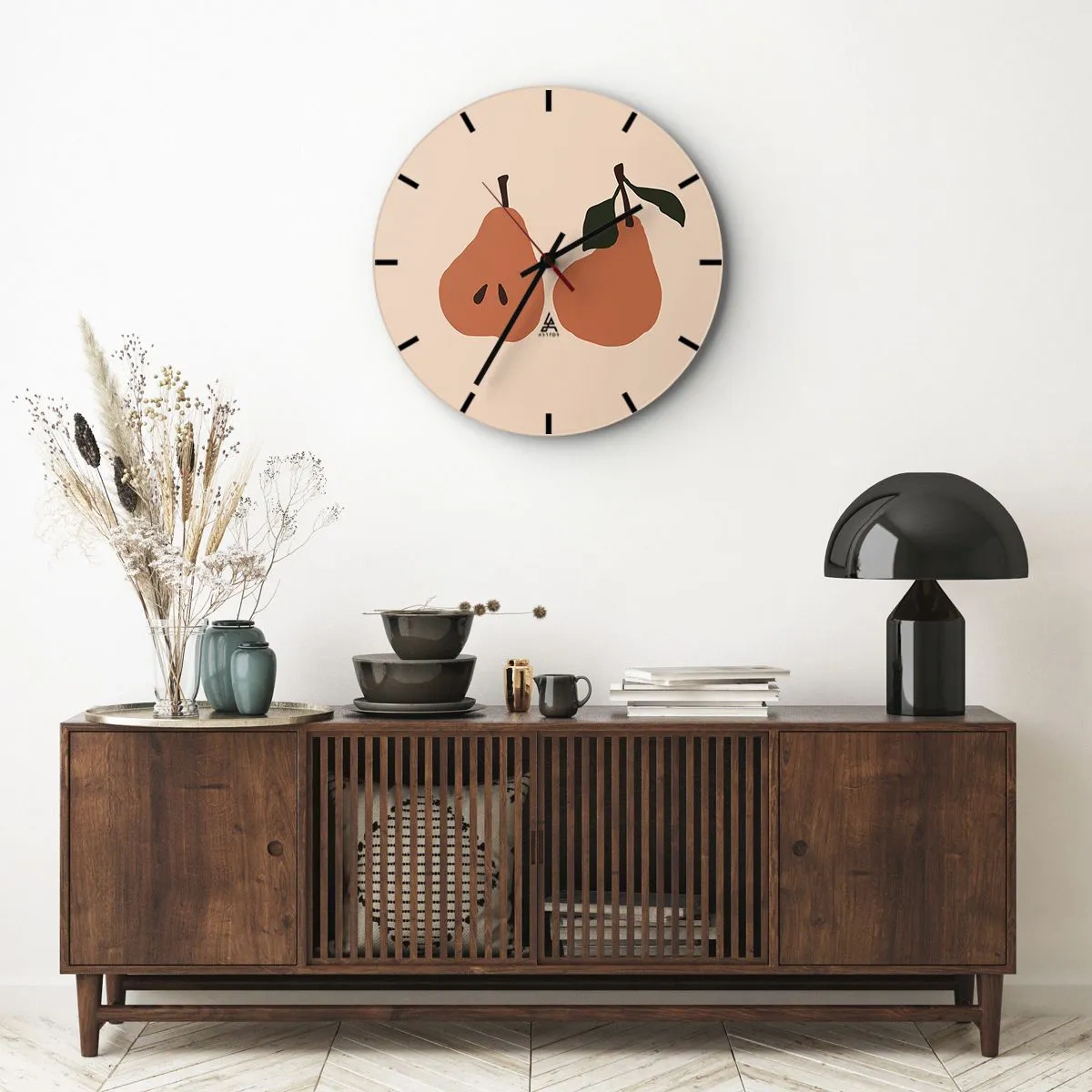 Relógio de parede - Relógio em vidro - Duas peras em cores quentes sobre fundo bege - 30x30cm - A própria doçura - Decoração de parede moderna para a sala de estar, cozinha e quarto ARTTOR